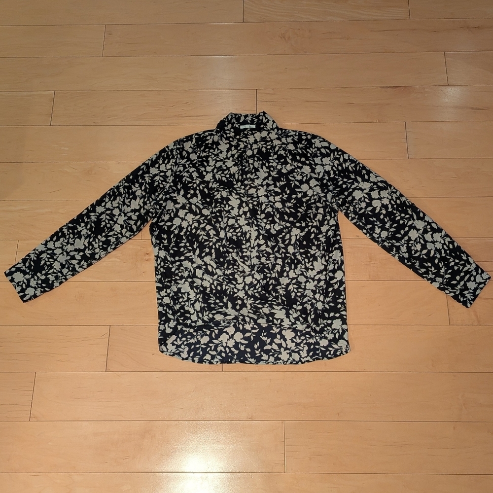 Pleione Faux Wrap Blouse, XL, Black Cream Floral, Roll Tab Sleeve 🖤